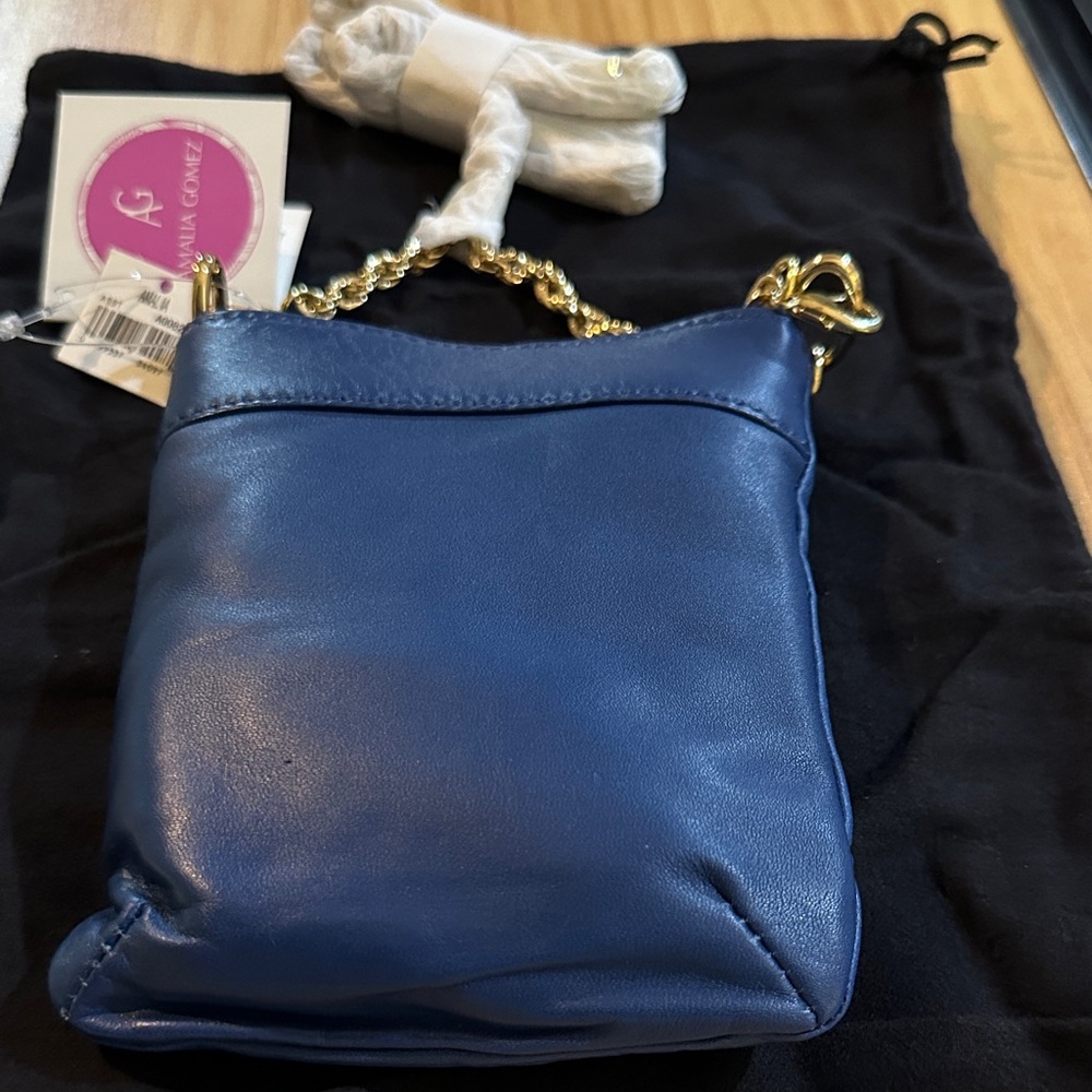 Navy Leather Crossbody Bag with Gold Chain Strap